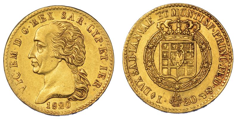 REGNO DI SARDEGNA. VITTORIO EMANUELE I DI SAVOIA, 1802-1821. 20 Lire 1820. Torino.  - Auction Numismatics - Cambi Casa d'Aste