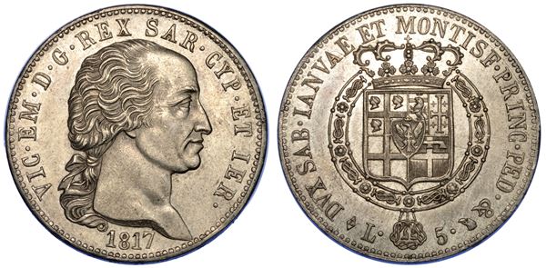REGNO DI SARDEGNA. VITTORIO EMANUELE I DI SAVOIA, 1802-1821. 5 Lire 1817. Torino
