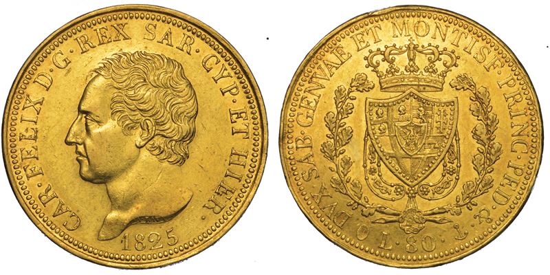 REGNO DI SARDEGNA. CARLO FELICE DI SAVOIA, 1821-1831. 80 Lire 1825. Genova.  - Auction Numismatics - Cambi Casa d'Aste