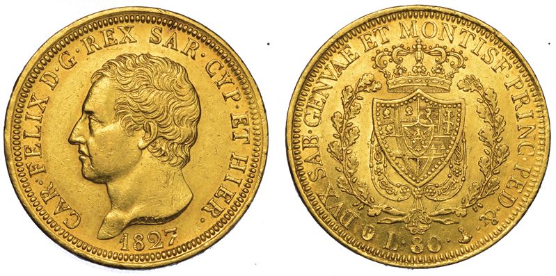 REGNO DI SARDEGNA. CARLO FELICE DI SAVOIA, 1821-1831. 80 Lire 1827. Genova.  - Auction Numismatics - Cambi Casa d'Aste