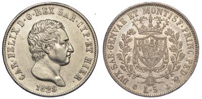 Regno di Sardegna. Carlo Felice di Savoia, 1821-1831. 5 Lire 1829. Genova.