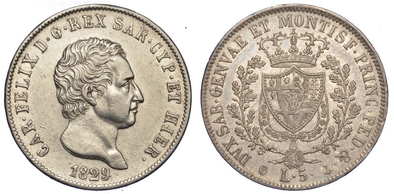 REGNO DI SARDEGNA. CARLO FELICE DI SAVOIA, 1821-1831. 5 Lire 1829. Genova.  - Auction Numismatics - Cambi Casa d'Aste