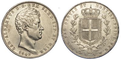 Regno di Sardegna. Carlo Alberto di Savoia, 1831-1849. 5 Lire 1842. Genova.