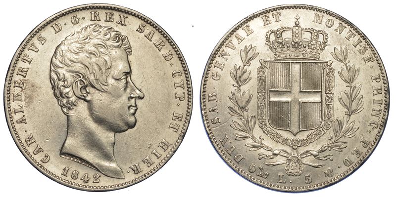 REGNO DI SARDEGNA. CARLO ALBERTO DI SAVOIA, 1831-1849. 5 Lire 1842. Genova.  - Auction Numismatics - Cambi Casa d'Aste