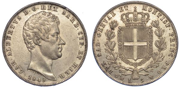 REGNO DI SARDEGNA. CARLO ALBERTO DI SAVOIA, 1831-1849. 5 Lire 1849. Genova.