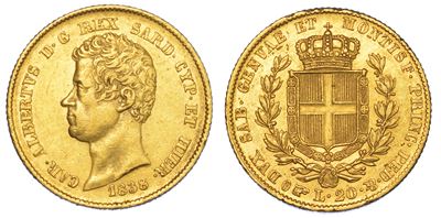 Regno di Sardegna. Carlo Alberto di Savoia, 1831-1849. 20 Lire 1838. Torino.