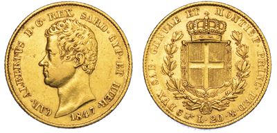Regno di Sardegna. Carlo Alberto di Savoia, 1831-1849. 20 Lire 1847. Torino.