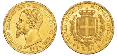 Regno di Sardegna. Vittorio Emanuele II di Savoia, 1849-1861. 20 Lire 1851. Genova.
