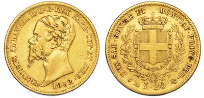 Regno di Sardegna. Vittorio Emanuele II di Savoia, 1849-1861. 20 Lire 1852. Genova.