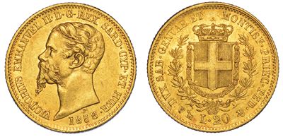 Regno di Sardegna. Vittorio Emanuele II di Savoia, 1849-1861. 20 Lire 1858. Genova.