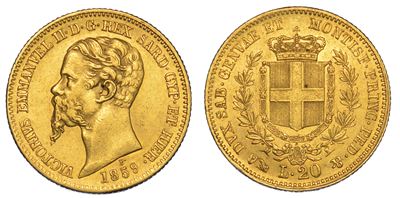 Regno di Sardegna. Vittorio Emanuele II di Savoia, 1849-1861. 20 Lire 1859. Genova.