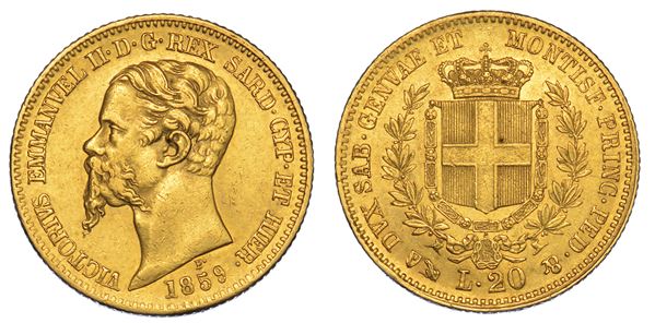 REGNO DI SARDEGNA. VITTORIO EMANUELE II DI SAVOIA, 1849-1861. 20 Lire 1859. Genova.