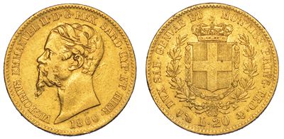 Regno di Sardegna. Vittorio Emanuele II di Savoia, 1849-1861. 20 Lire 1860. Genova.