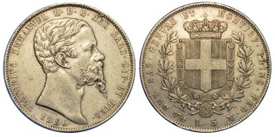 Regno di Sardegna. Vittorio Emanuele II di Savoia, 1849-1861. 5 Lire 1850. Genova.