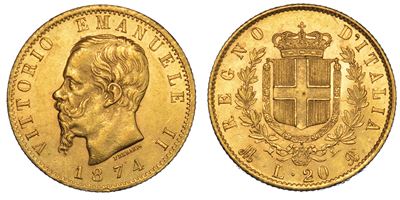 Regno D'italia. Vittorio Emanuele II di Savoia, 1861-1878. 20 Lire 1874. Milano.