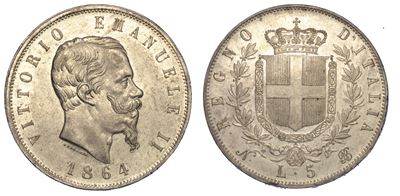 Regno D'italia. Vittorio Emanuele II di Savoia, 1861-1878. 5 Lire 1864. Napoli.