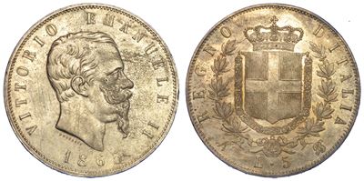 Regno D'italia. Vittorio Emanuele II di Savoia, 1861-1878. 5 Lire 1865. Napoli.