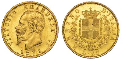 Regno D'italia. Vittorio Emanuele II di Savoia, 1861-1878. 20 Lire 1871. Roma.
