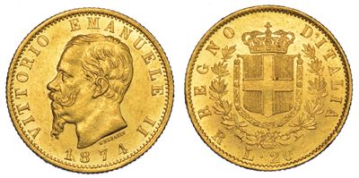 Regno D'italia. Vittorio Emanuele II di Savoia, 1861-1878. 20 Lire 1874. Roma.