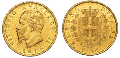 Regno D'italia. Vittorio Emanuele II di Savoia, 1861-1878. 20 Lire 1876. Roma.