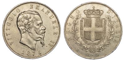 Regno D'italia. Vittorio Emanuele II di Savoia, 1861-1878. 5 Lire 1870. Roma.