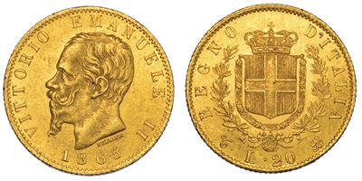 Regno D'italia. Vittorio Emanuele II di Savoia, 1861-1878. 20 Lire 1865. Torino.