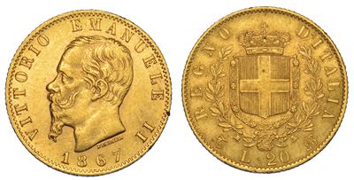 Regno D'italia. Vittorio Emanuele II di Savoia, 1861-1878. 20 Lire 1867. Torino.