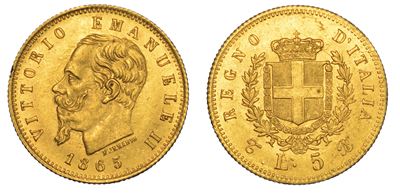 Regno D'italia. Vittorio Emanuele II di Savoia, 1861-1878. 5 Lire 1865. Torino.