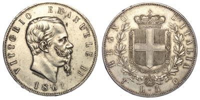 Regno D'italia. Vittorio Emanuele II di Savoia, 1861-1878. 5 Lire 1861. Torino.