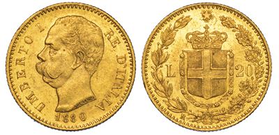Regno D'italia. Umberto i di Savoia, 1878-1900. 20 Lire 1880.