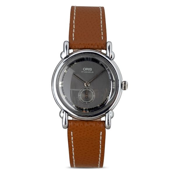 ORIS - Raro orologio carica manuale, anse "Fancy" in acciaio con quadrante grigio bitonale e numeri Romani 33 mm