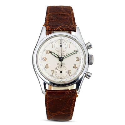 Cronografo Tasti a Pompa in Acciaio, Carica Manuale, Quadrante Argentè Numeri Arabi, 34 MM