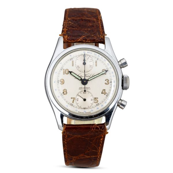 Lorton Watch Co. - Cronografo tasti a pompa in acciaio, carica manuale, quadrante argentè numeri Arabi, 34 mm