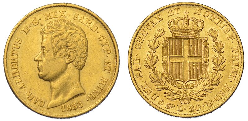 REGNO DI SARDEGNA. CARLO ALBERTO DI SAVOIA, 1831-1849. 20 Lire 1833. Torino.  - Auction Numismatics - Cambi Casa d'Aste