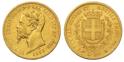 Regno di Sardegna. Vittorio Emanuele II di Savoia, 1849-1861. 20 Lire 1855. Torino.