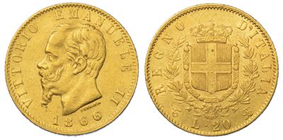Regno D'italia. Vittorio Emanuele II di Savoia, 1861-1878. 20 Lire 1866. Torino.