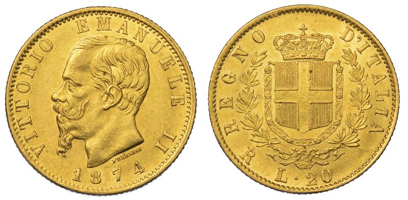 REGNO D'ITALIA. VITTORIO EMANUELE II DI SAVOIA, 1861-1878. 20 Lire 1874. Roma.  - Auction Numismatics - Cambi Casa d'Aste