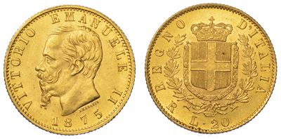 Regno D'italia. Vittorio Emanuele II di Savoia, 1861-1878. 20 Lire 1875. Roma.