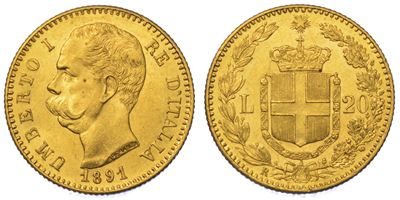 Regno D'italia. Umberto i di Savoia, 1878-1900. 20 Lire 1891.
