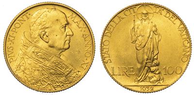 Vaticano. Pio XI, 1922-1939. 100 Lire 1932/a. XI.