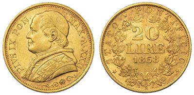 Stato Pontificio. Pio IX, 1846-1878. 20 Lire 1868/a. XXII.