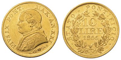 Stato Pontificio. Pio IX, 1846-1878. 10 Lire 1866/a. XXI.