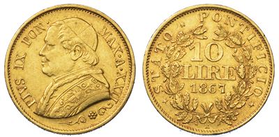 Stato Pontificio. Pio IX, 1846-1878. 10 Lire 1867/a. XXII.