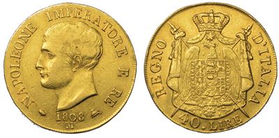 Milano. Napoleone I, 1805-1814. 40 Lire 1808 (i Tipo, Puntali Aguzzi).