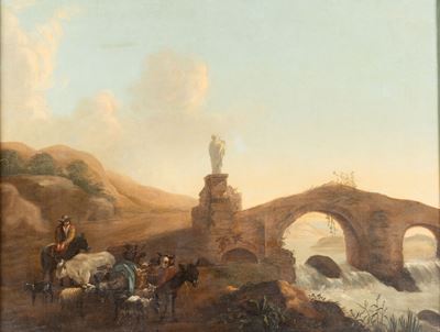 Artista fiammingo attivo in Italia nel XVII secolo, Paesaggio con ponte e viandanti, olio su tela