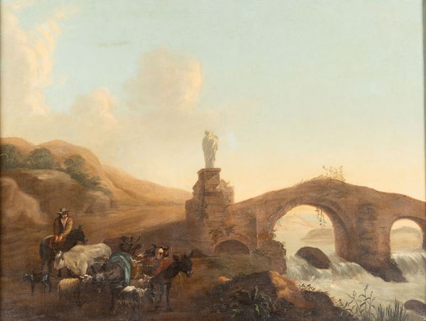 Artista fiammingo attivo in Italia nel XVII secolo Paesaggio con ponte e viandanti