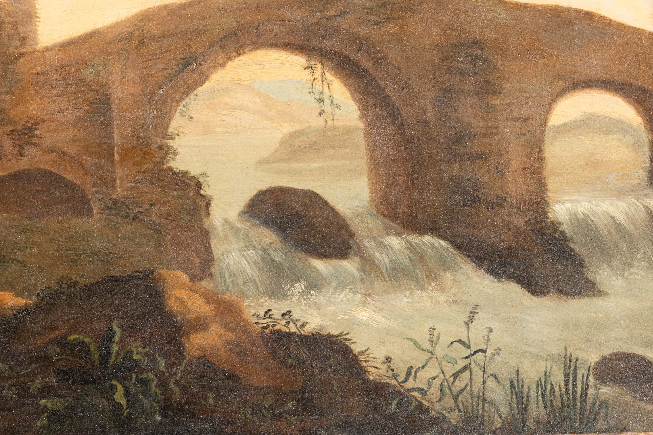 Artista fiammingo attivo in Italia nel XVII secolo, Paesaggio con ponte e viandanti, olio su tela