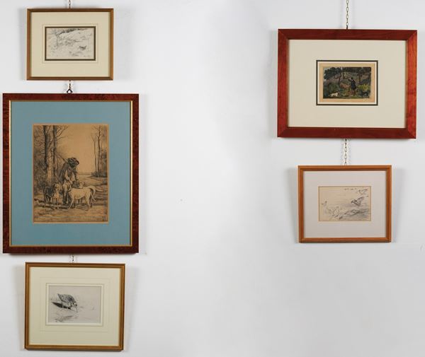 Cinque disegni con soggetti di caccia, XX secolo