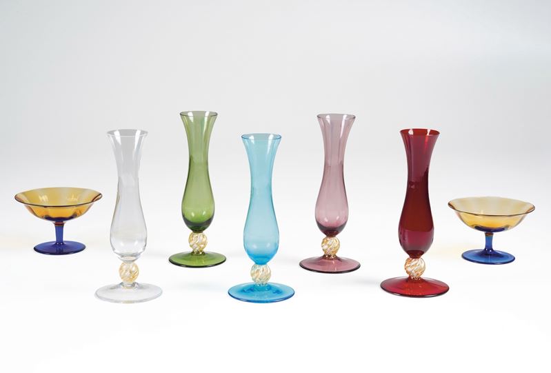 Cinque flûtes. Murano, Manifattura Nason e Moretti, seconda metà del XX secolo.  - Auction Ceramics and glass - Cambi Casa d'Aste