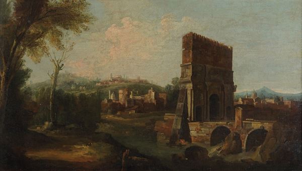 Scuola romana del XVIII secolo Paesaggio con architetture